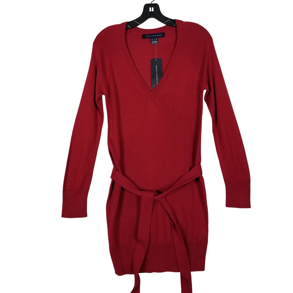 French Connection Sweater Dress Women S Scarlett Red Wool Blend Belted V-Neck